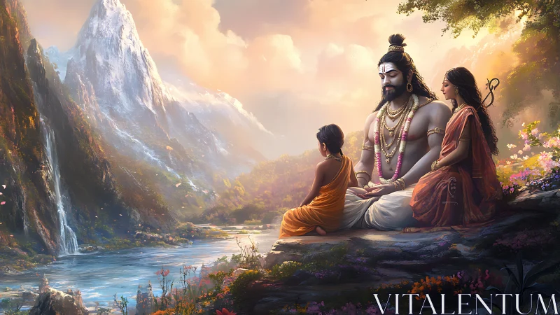 Hindu sage teaches child beside river in mountain valley.