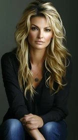 Portrait of blonde woman in soft studio lighting, seated confidently