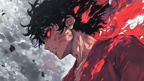 Scarlet-eyed anime warrior unleashes power in stormy sky