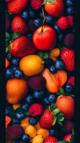 Vibrant summer berries and stone fruits in tight macro frame