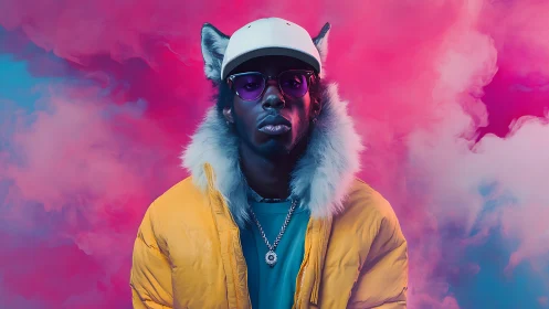 Subject wears fox ears, yellow jacket, cap and chain necklace