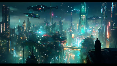 Noir vigilante surveying hyper-dense cyberpunk megacity skyline.