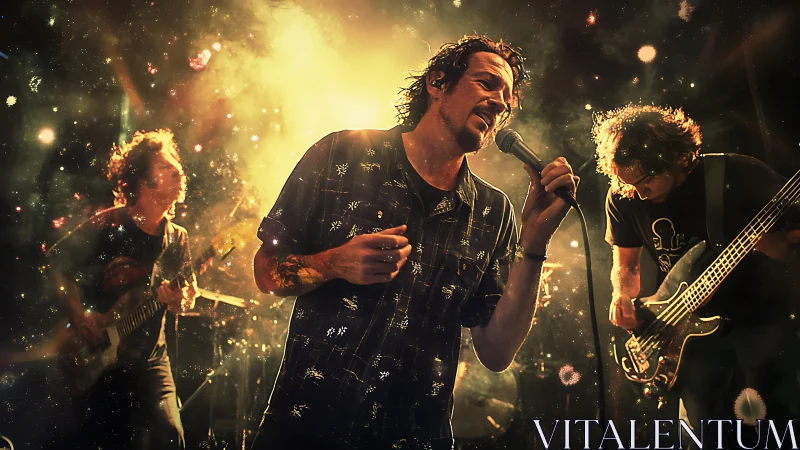 Rock band performs on stage under dense backlit haze