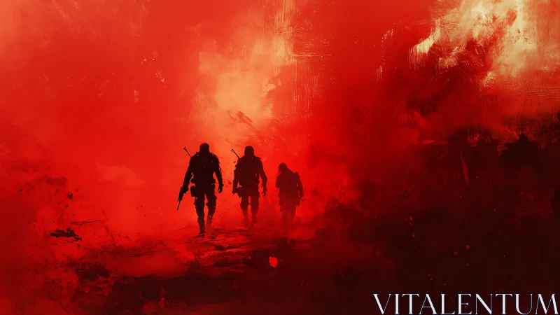 Silhouetted Figures Advancing Through Red Atmospheric Haze