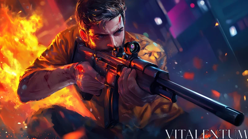 Blazing Marksman: Sniper in Fiery Inferno Combat.