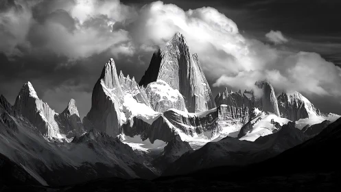 Snowbound granite spires pierce dense storm cloud canopy