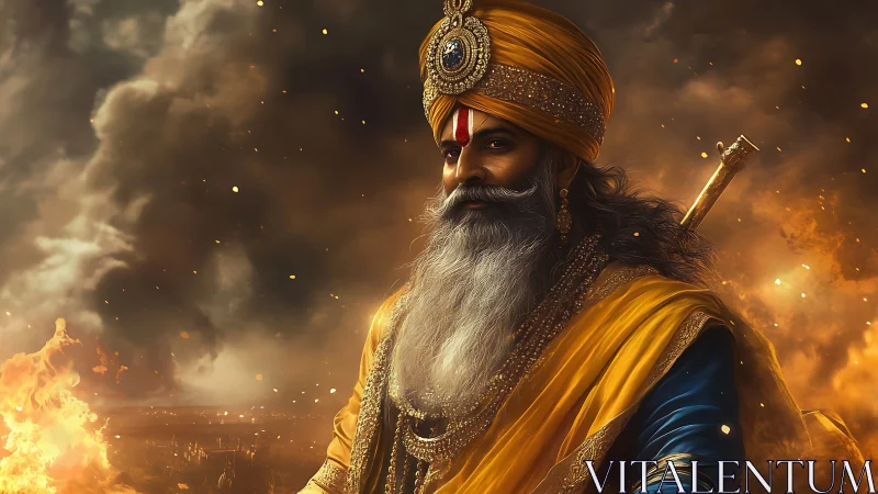 Regal warrior sage stands amid swirling battlefield flames.