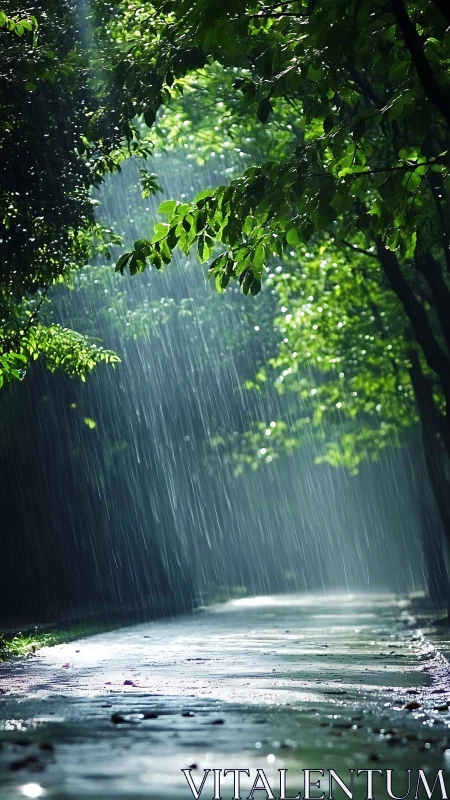 Rainfall over tree-lined path with wet reflective pavement.
