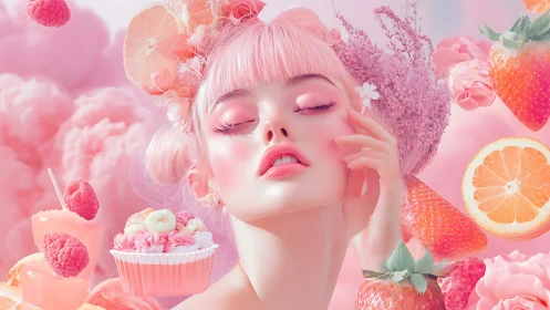 Pastel candy muse amid floating fruit and dreamlike sweets.
