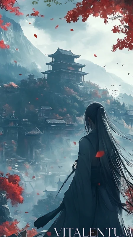 Solitary swordsman overlooking misty mountain pagodas.