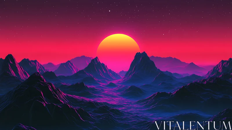 Neon sun sets behind stylized wireframe mountain landscape