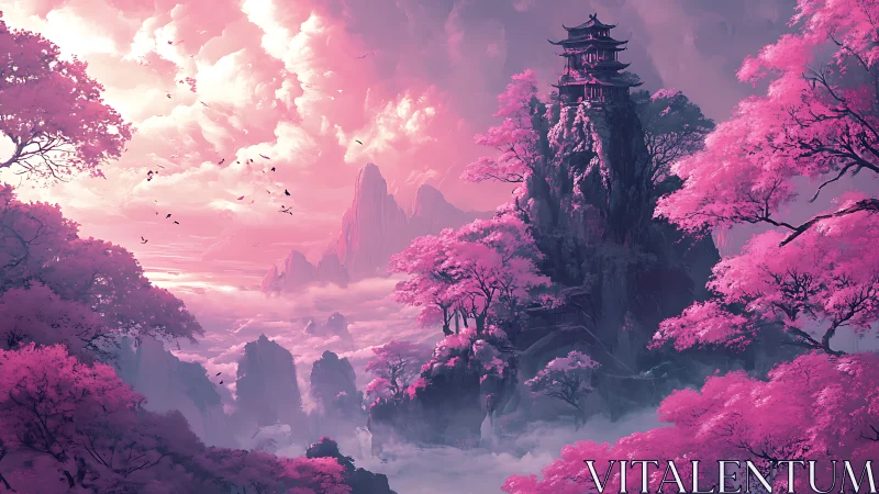 Pink mountain temple rises above mist in stylized landscape