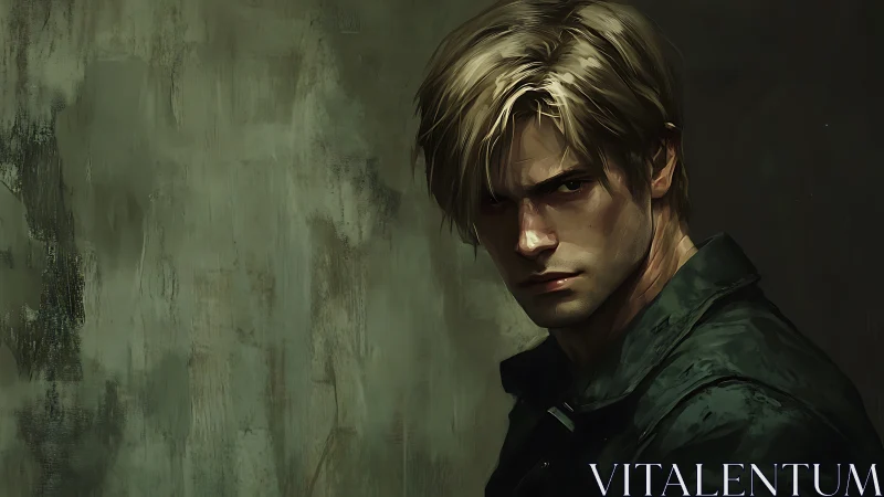 Male figure stands against textured green background wall