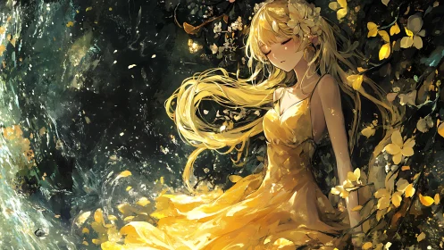 Golden haired girl sleeps in luminous forest glade
