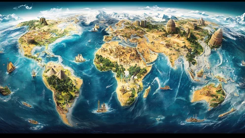 Whimsical illustrated world map alive with ancient landmarks.