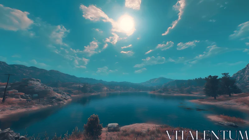 Digital desert lake under strong midday sun glow.