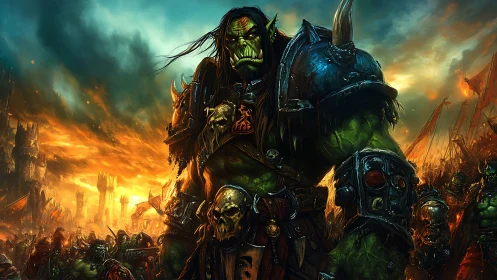 Orc warlord dominates flaming battlefield in dramatic digital art.