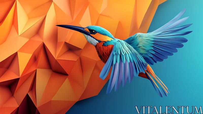 Geometric bird soars before faceted orange crystalline wall