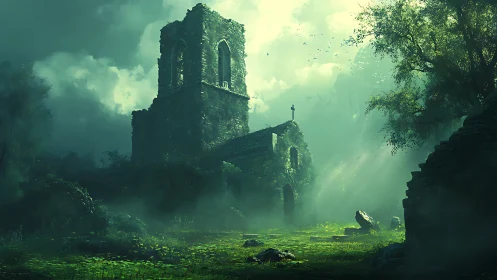 Ruined stone church in overgrown forest clearing at dawn.