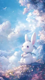 Gentle sky daydream with a soft bunny and drifting petals.
