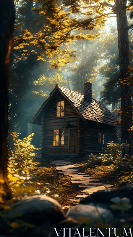 Enchanted Cabin Nestled in Golden Autumn Woods.