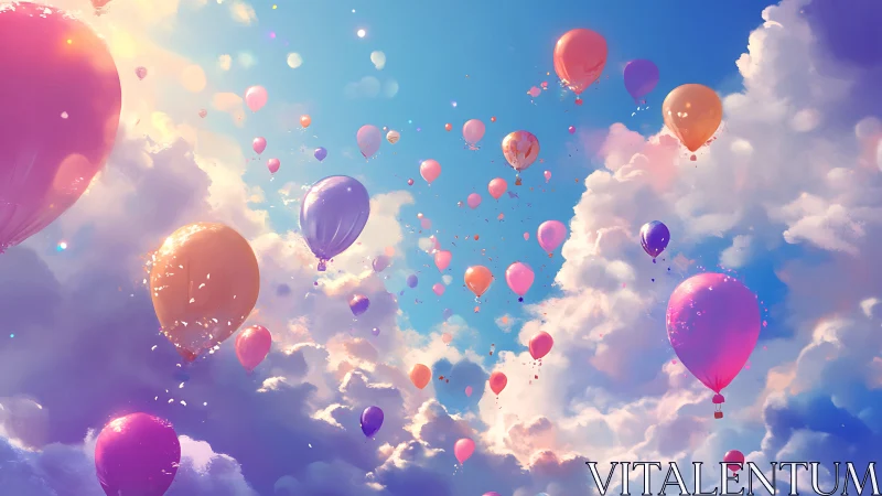 Pastel balloons drift through radiant sunlit sky.