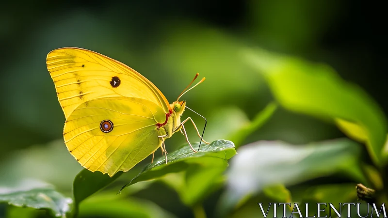 Yellow butterfly macro study on glossy green foliage.