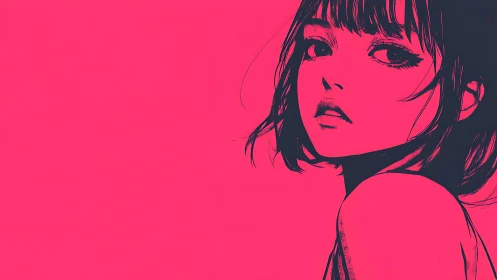 Side profile anime portrait on solid neon pink background.