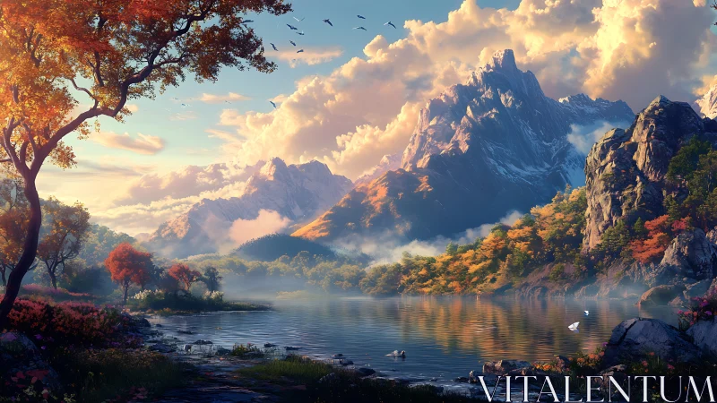 Mountain lake at sunrise with autumn forest and clouds.