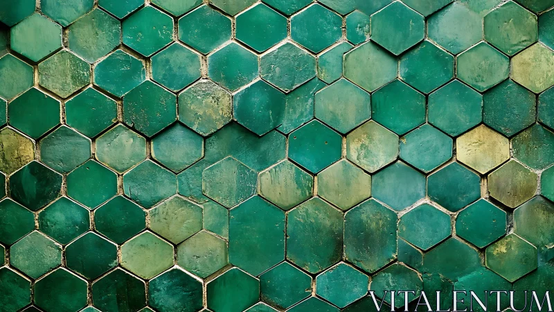 Emerald honeycomb wall of worn ceramic hexagon echoes.