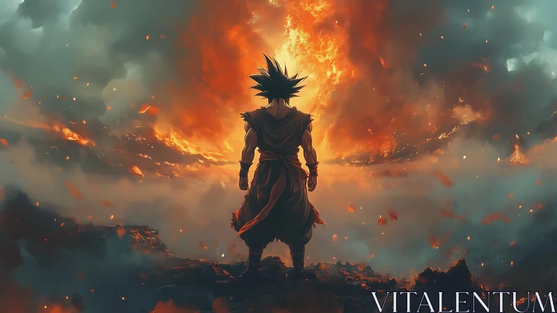 Backlit anime warrior silhouettes against apocalyptic firestorm