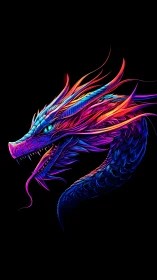 Vibrant neon dragon rises from darkness in glowing color