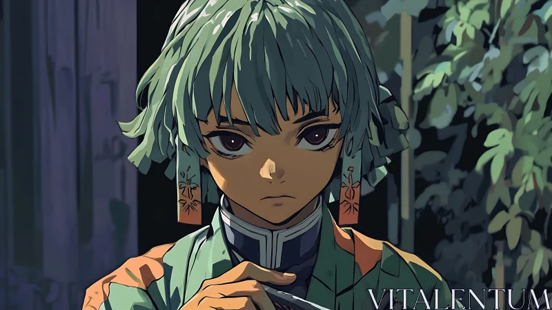 Stoic green-haired warrior in patterned kimono at dusk.