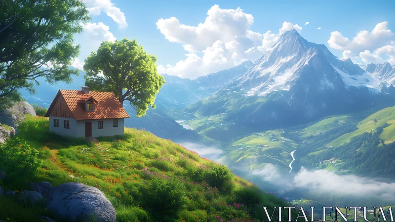 Mountain cottage above valley under bright summer sky.