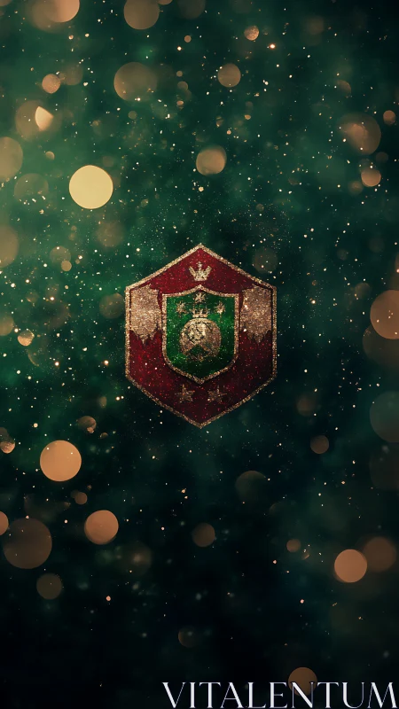 Glittered crest floats in emerald bokeh dusted darkness.