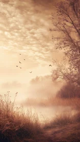 Muted dawn mist braids river reeds with drifting birds