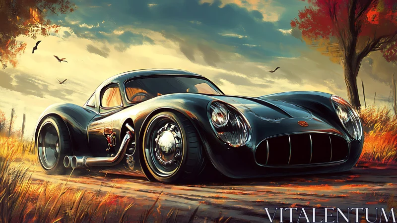 Streamlined retro hot rod rendered with reflective stylized shading