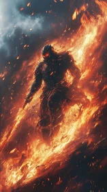 Armored fire warrior strides through flames with sword.