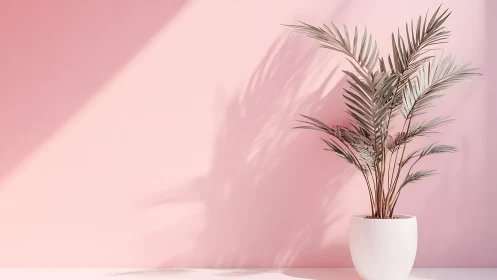 Potted palm under directional light casts soft shadows on wall