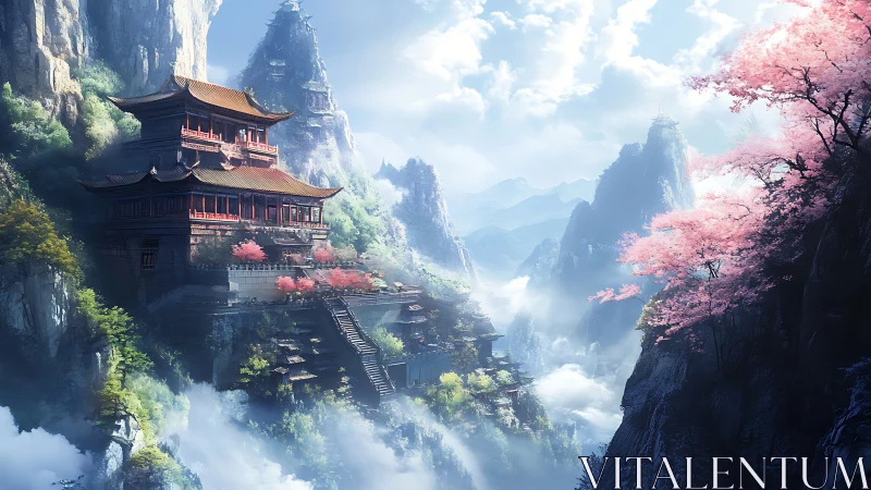Mountain temple complex amid mist and cherry blossoms.