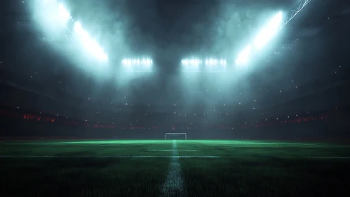 Midnight stadium hush under storm-bright floodlit sky.