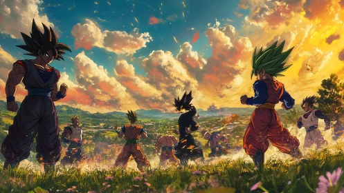 Saiyan warriors gather at sunset, charging power over valleys