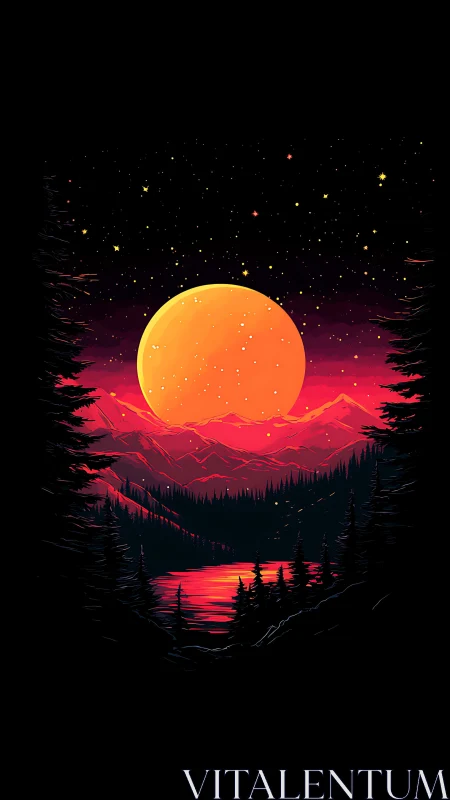 Neon lunar horizon over crimson mountains and midnight lake.