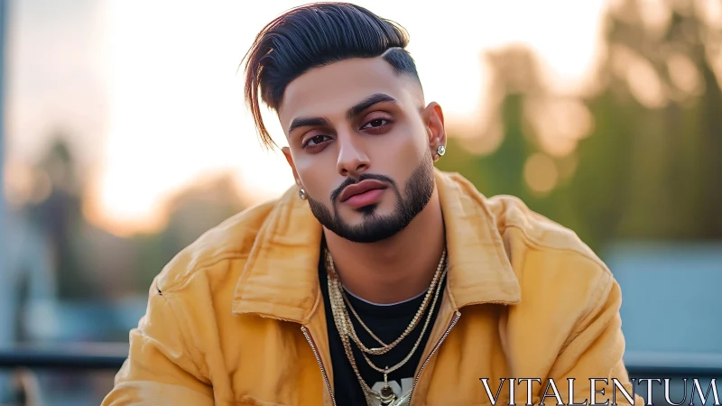 Stylish young man in yellow jacket against soft sunset bokeh