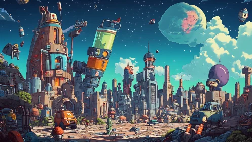 Futuristic cartoon cityscape shows crowded sci fi skyline