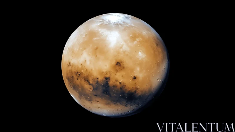 Rendered view of a cratered orange-brown terrestrial planet.