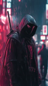 Hooded cybernetic vigilante stalks neon city in heavy rain