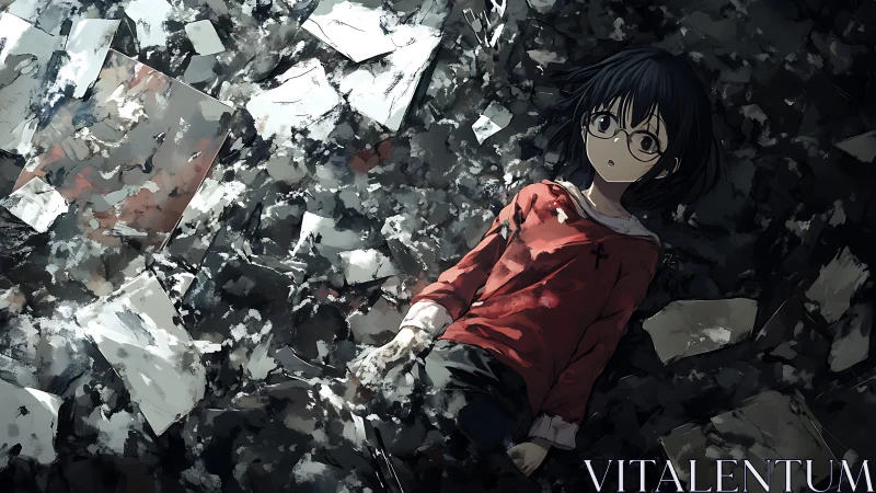 Solitary girl amid scattered papers in muted rubble field.