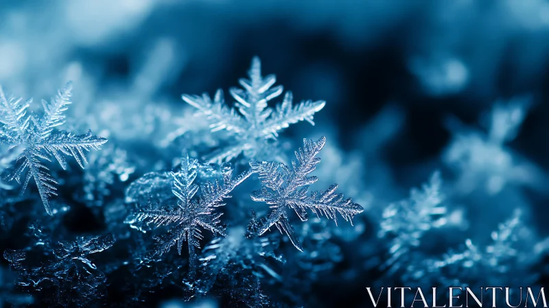 Glistening snowflake crystals shimmer in icy blue light.