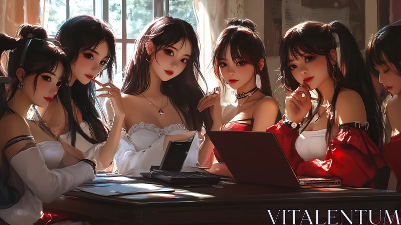 Group of women working at laptops in sunlit interior.